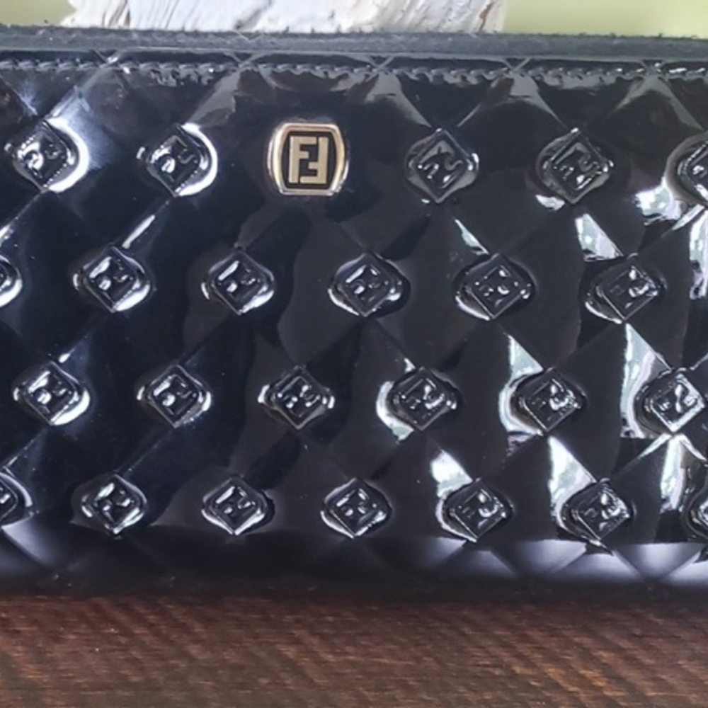 Fendi Embossed Black Patent Leather Zippy Wallet
